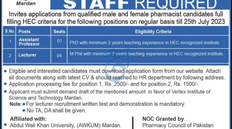 Best offer Lecturer Jobs in Vertex Institute Mardan Jobs 2023